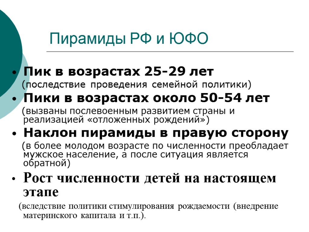 Пирамиды РФ и ЮФО Пик в возрастах 25-29 лет (последствие проведения семейной политики) Пики